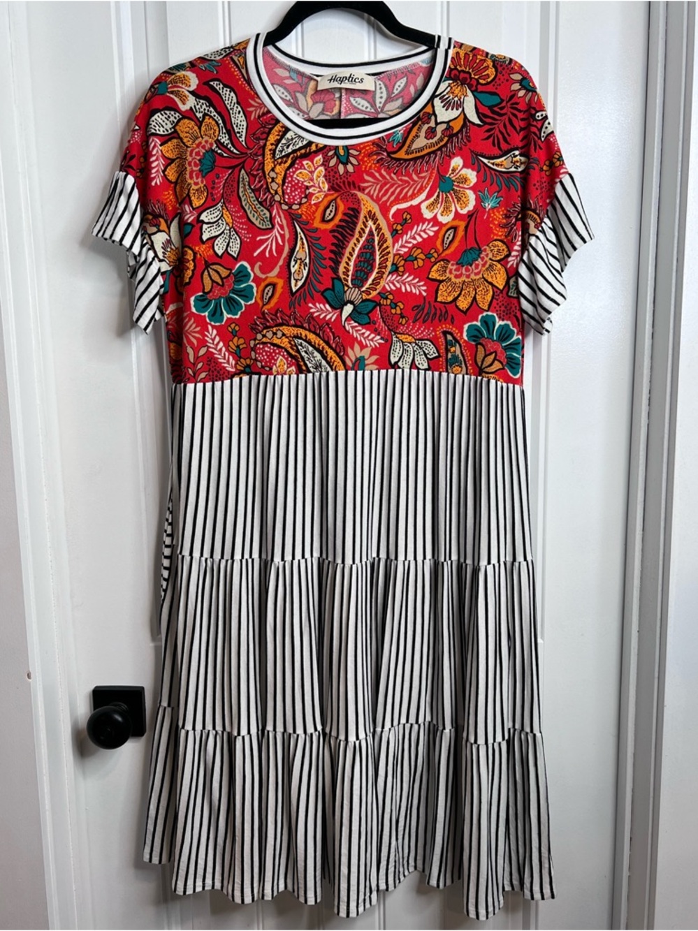 Haptics by Holly Harper Orange Floral & Black-White Striped Tiered Dress. Small.